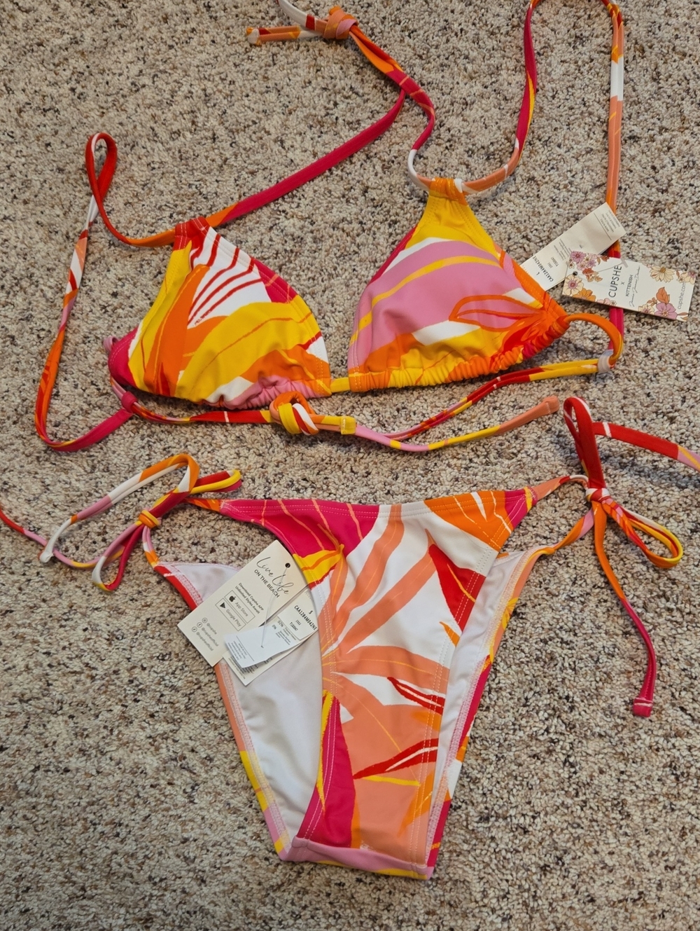 Cupshe Pink Orange Yellow Tropical Tie-Side Bikini Set New With Tags 2 Pc